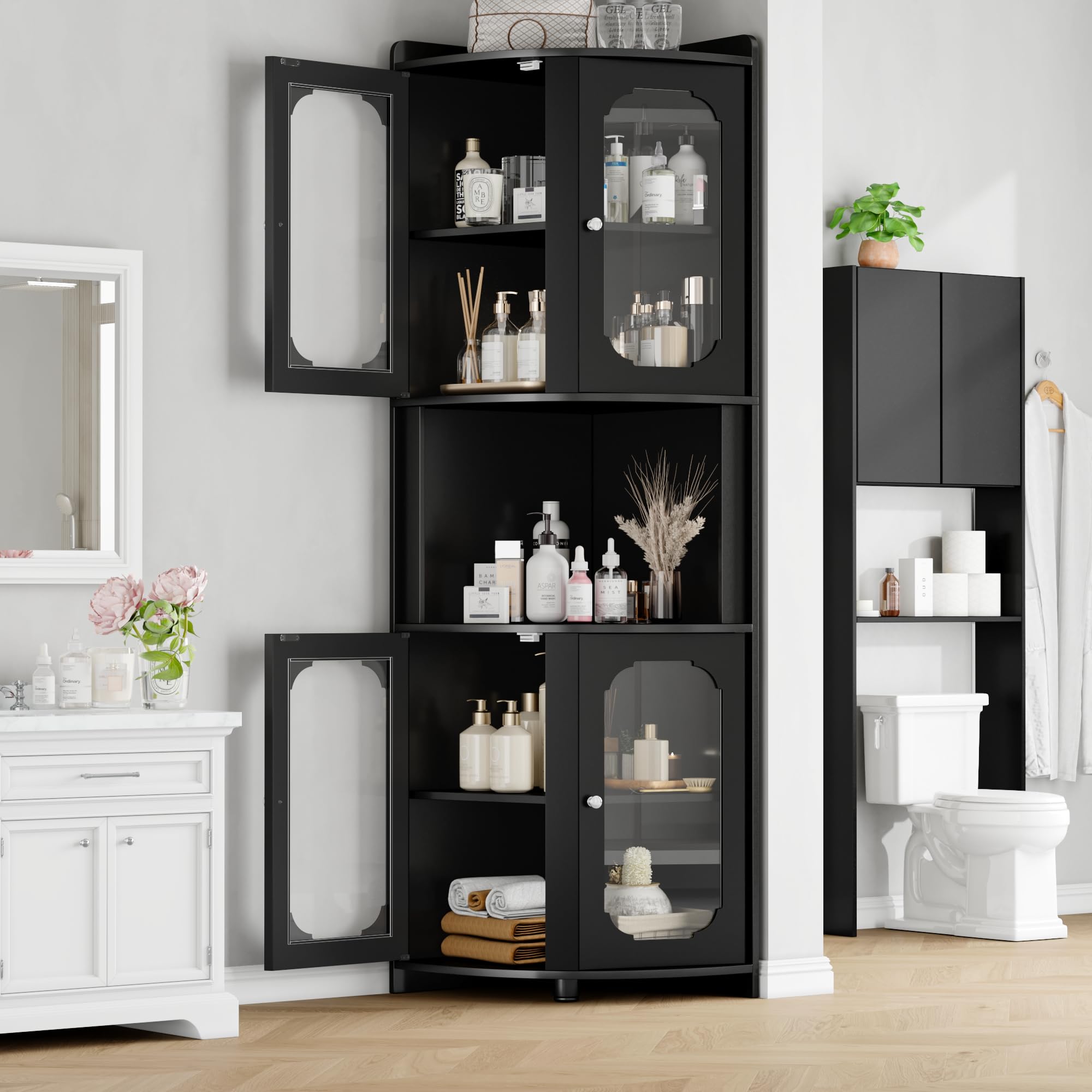 Corner Storage Cabinet 69" Tall | 5-Tier Shelves & Glass Doors