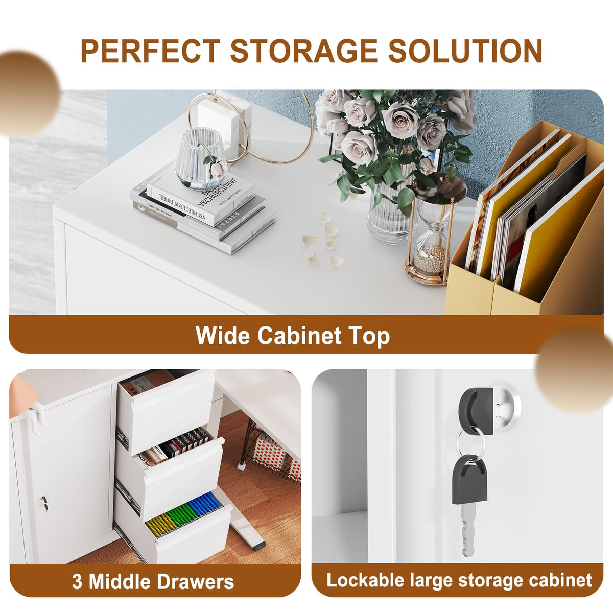 White 3-Drawer Rolling File Cabinet
