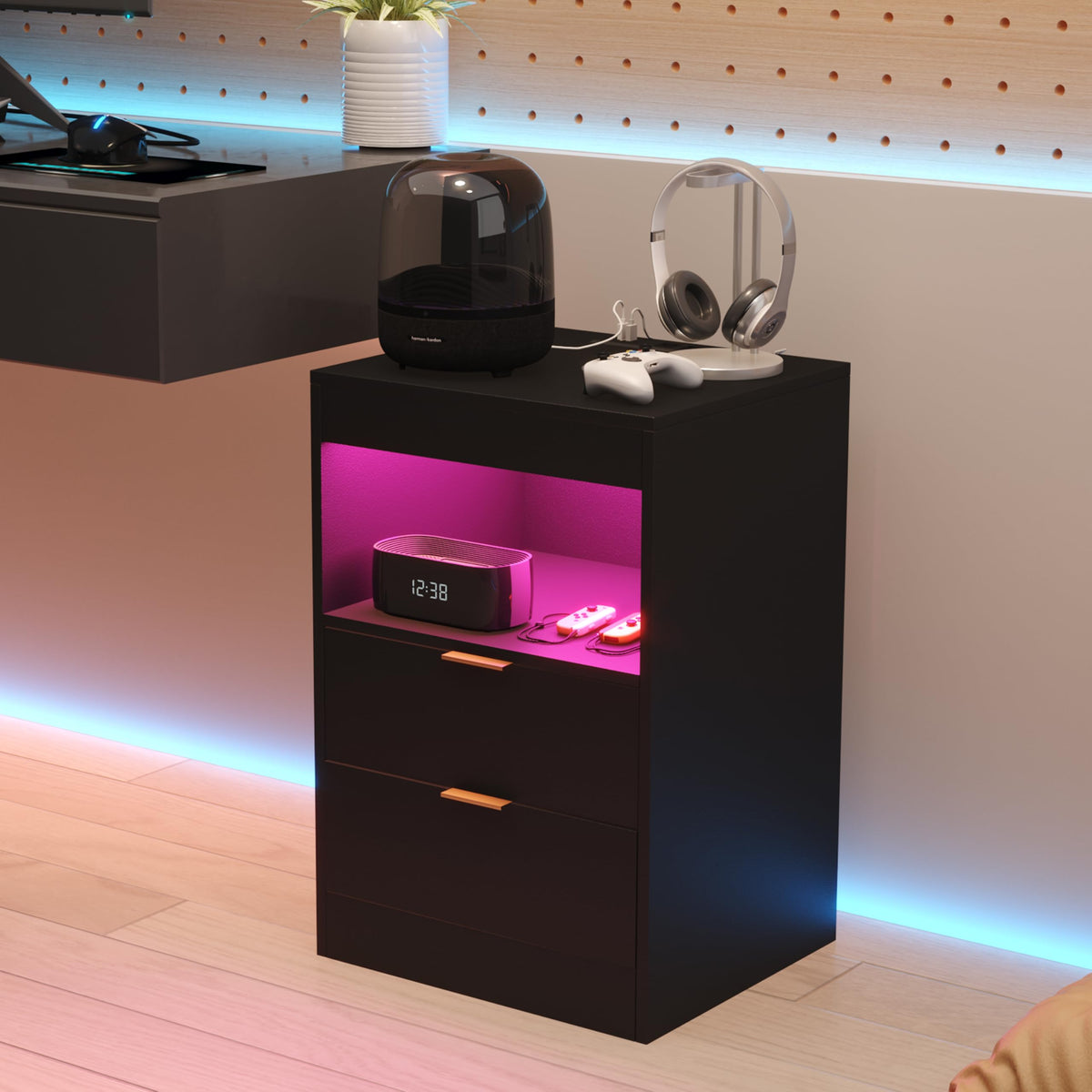 Yusong Nightstand, LED Nightstand with Charging Station, Black