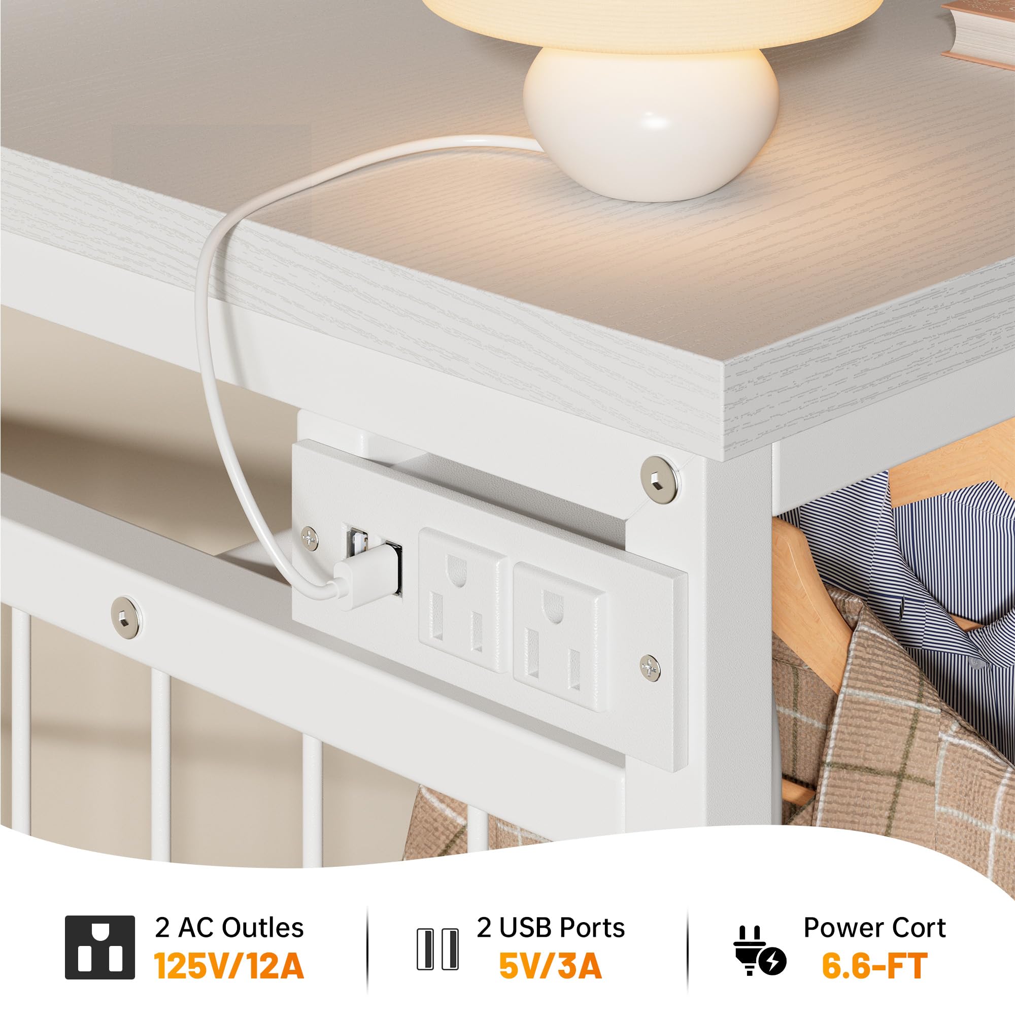 EnHomee 49.2" W Dresser with Hanging Rack & 6 Fabric Drawers for Bedroom, Featuring LED Lights and Charging Station, White Fabric Dressers & Chest of Drawers with Grid Panel & 4 Hooks, Wooden Top
