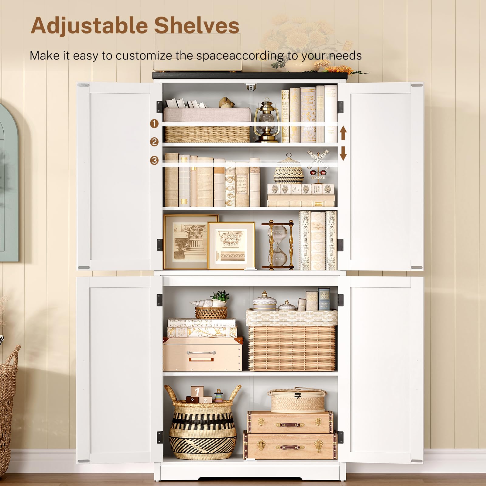 TEENFON 58" H Storage Cabinet with Adjustable Shelf, Farmhouse Kitchen Pantry Cabinet, Bathroom Cabinet with 4 Doors, Cupboard for Kitchen, Bathroom, Living Room, White