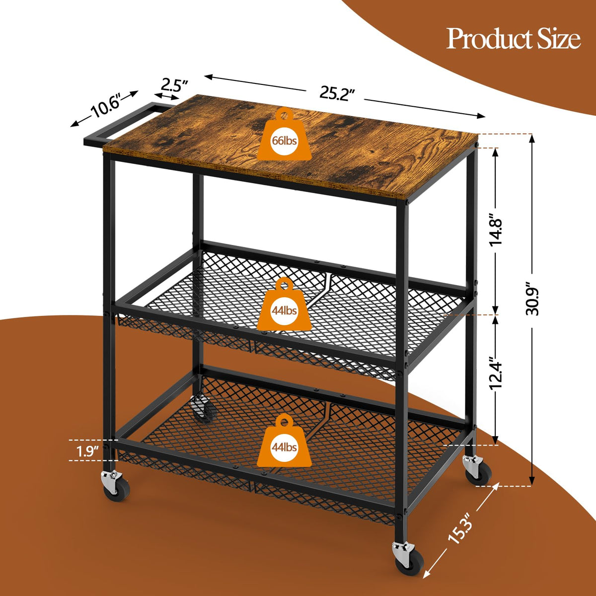 3 Tier Rolling Utility Kitchen Cart on Wheels, Heavy Duty Wire Rolling Cart with Wooden Top, Commercial Metal Serving Cart with Handle, Kitchen Island Food Storage Trolley for Laundry, Office, Garage