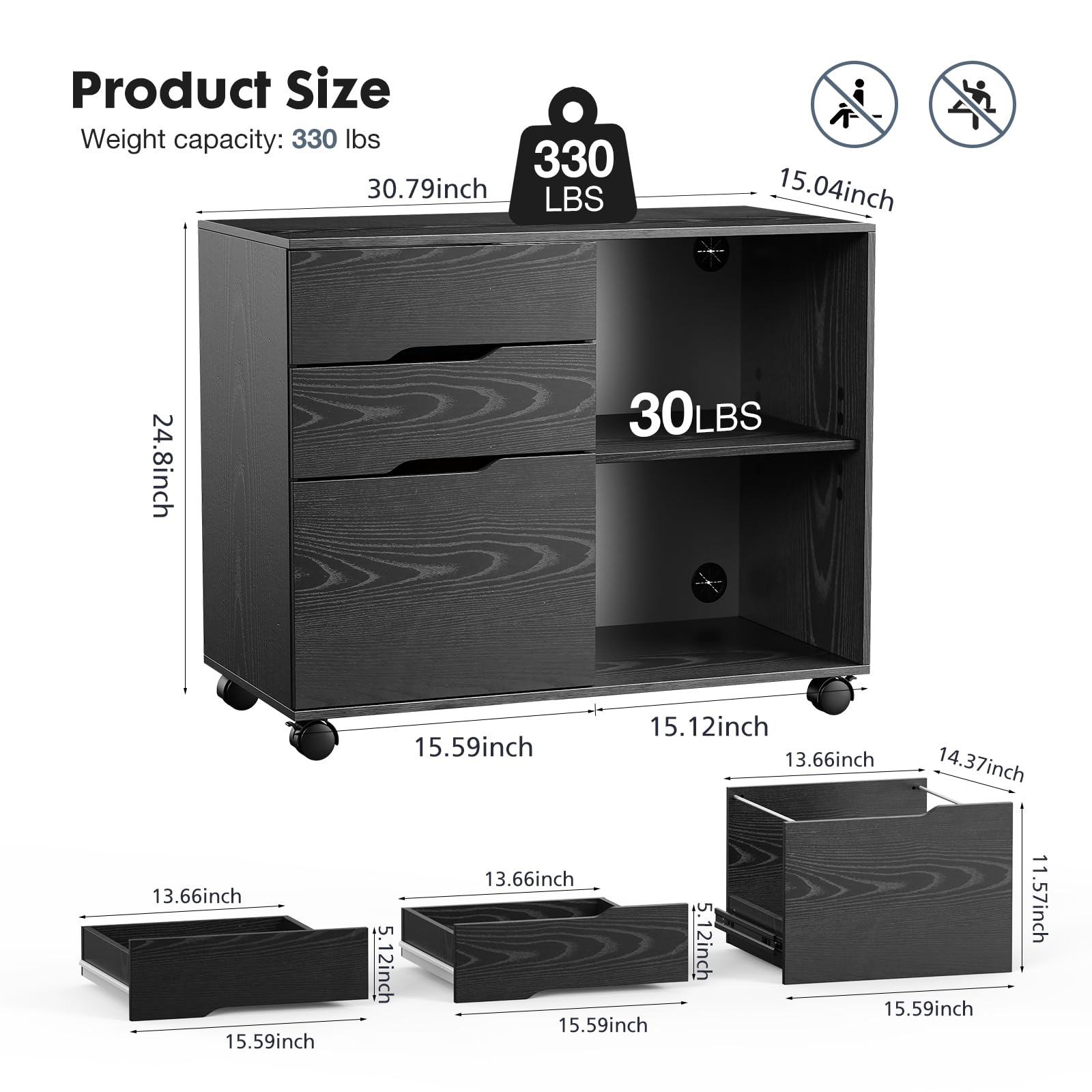 3-Drawer Rolling File Cabinet with Printer Stand