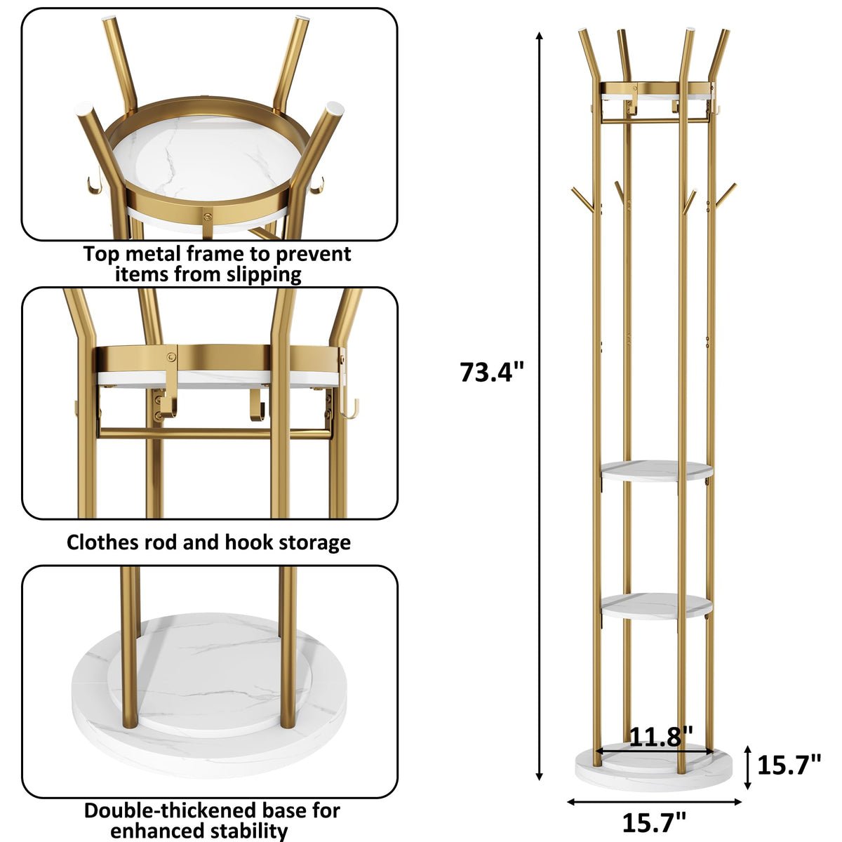 HOMEFORT Coat Rack Freestanding,Metal Coat Stand,4 Shelves,12 Hooks,Gold