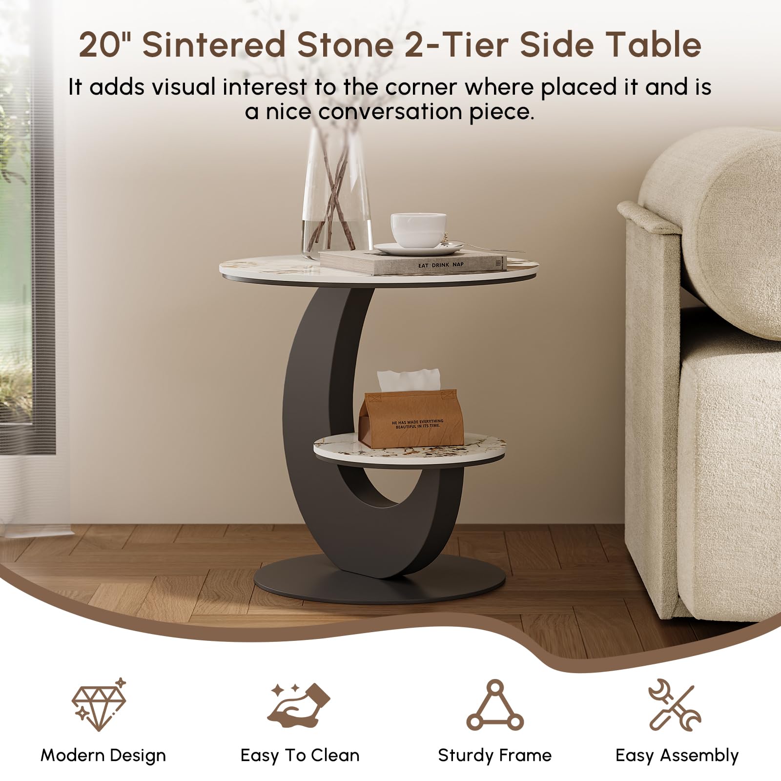 LOVEDIMA Modern Round End Table Faux Marble 2 Tiers Accent Side Table with Storage Shelf Snack Table Sofa Table for Couch Living Room (White & Gray)