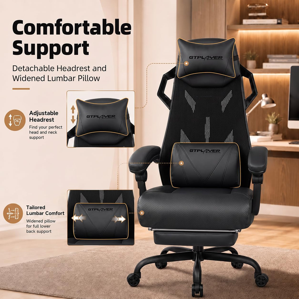 GTPLAYER Office Gaming Chair, Ergonomic Mesh Desk Chair W/Footrest for Adults, BLK