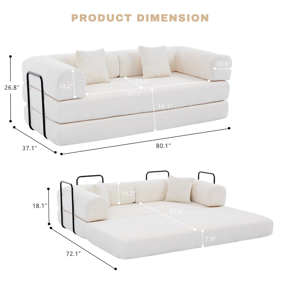 GAOHAPY 80 Inch Multi-Functional Convertible Sofa Bed, Fixed Shape Frame, High Density Foam with Corduroy, Easy Assembly, for Living Room and Bedroom. (Beige)