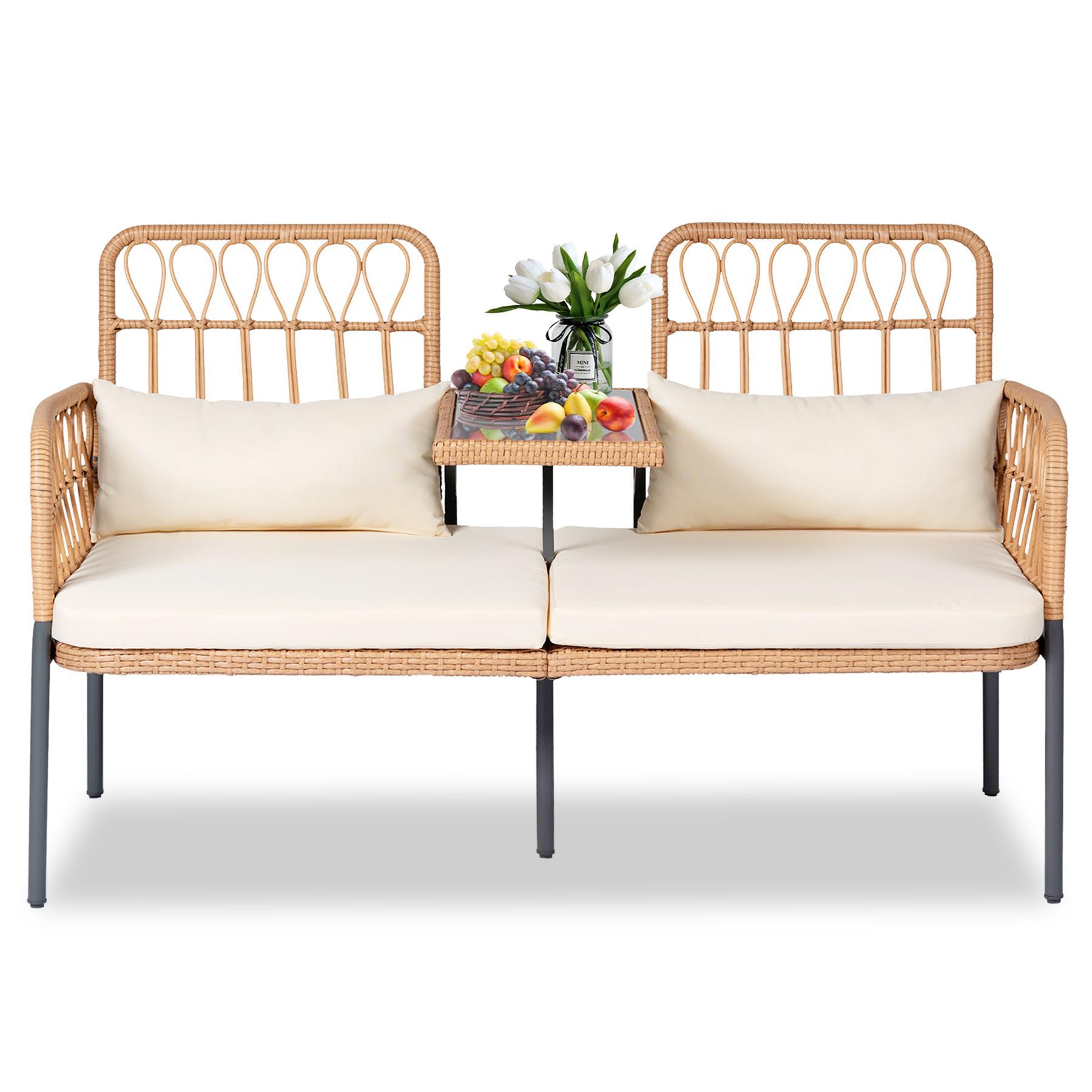 Outdoor Rattan Loveseat with Built-In Table & Cushions