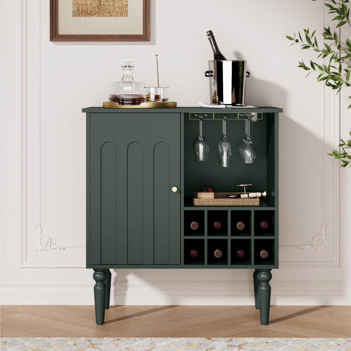 Surmorn Arched Fluted Coffee Bar Cabinet with Storage& Wine Racks, Green
