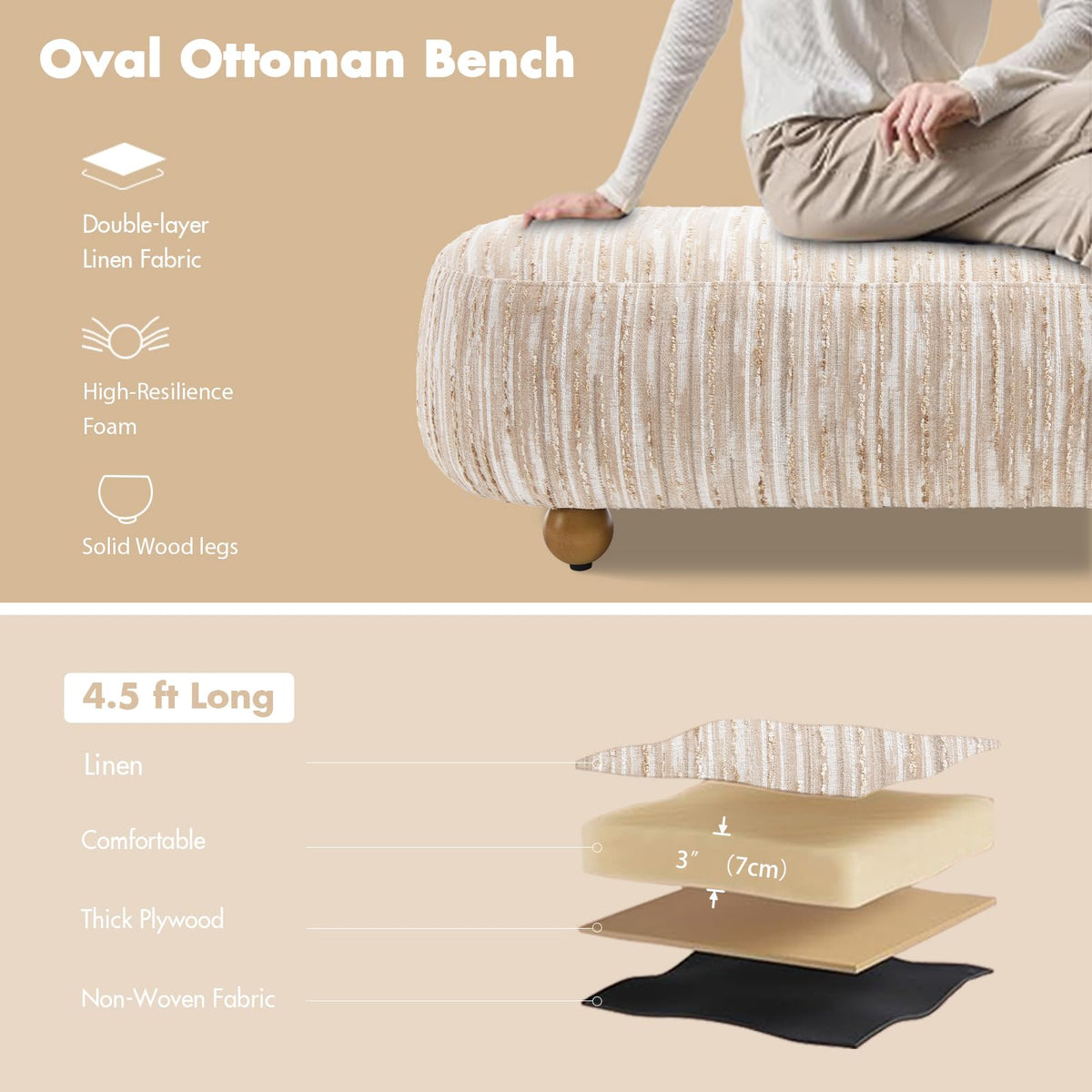 Oatmeal Linen Upholstered Bench