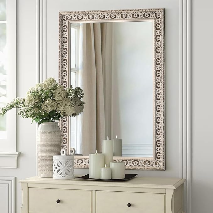 Vintage White Wall Mirror with Butterfly Carvings & Solid Wood Frame