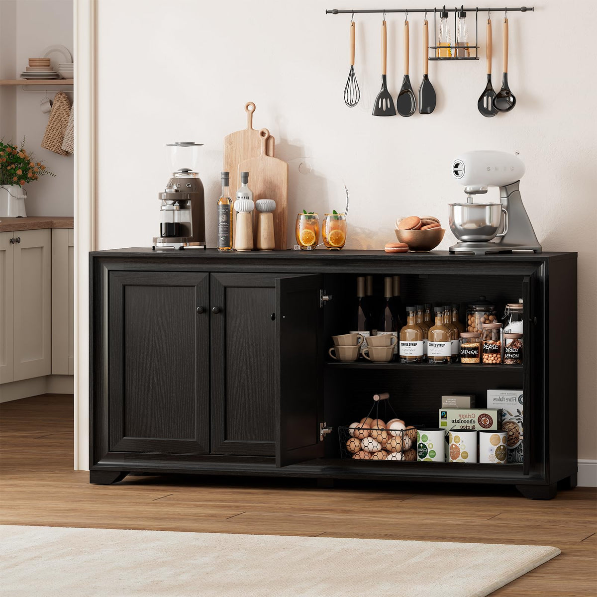 Comfycorner 60" Buffet Cabinet with Storage, Sideboard Buffet Table Black