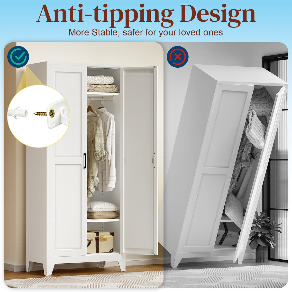 BELALCIN 75"Tall Metal Armoire Wardrobe Closet with Hanging Rod & 2 Shelves