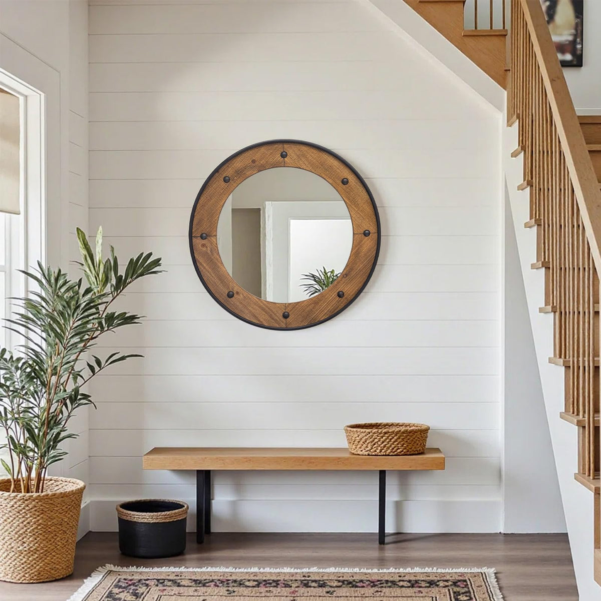 Round Wood Wall Mirror