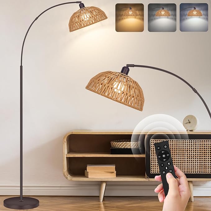 Rattan Floor Lamp with Remote & Dimmable Bulb