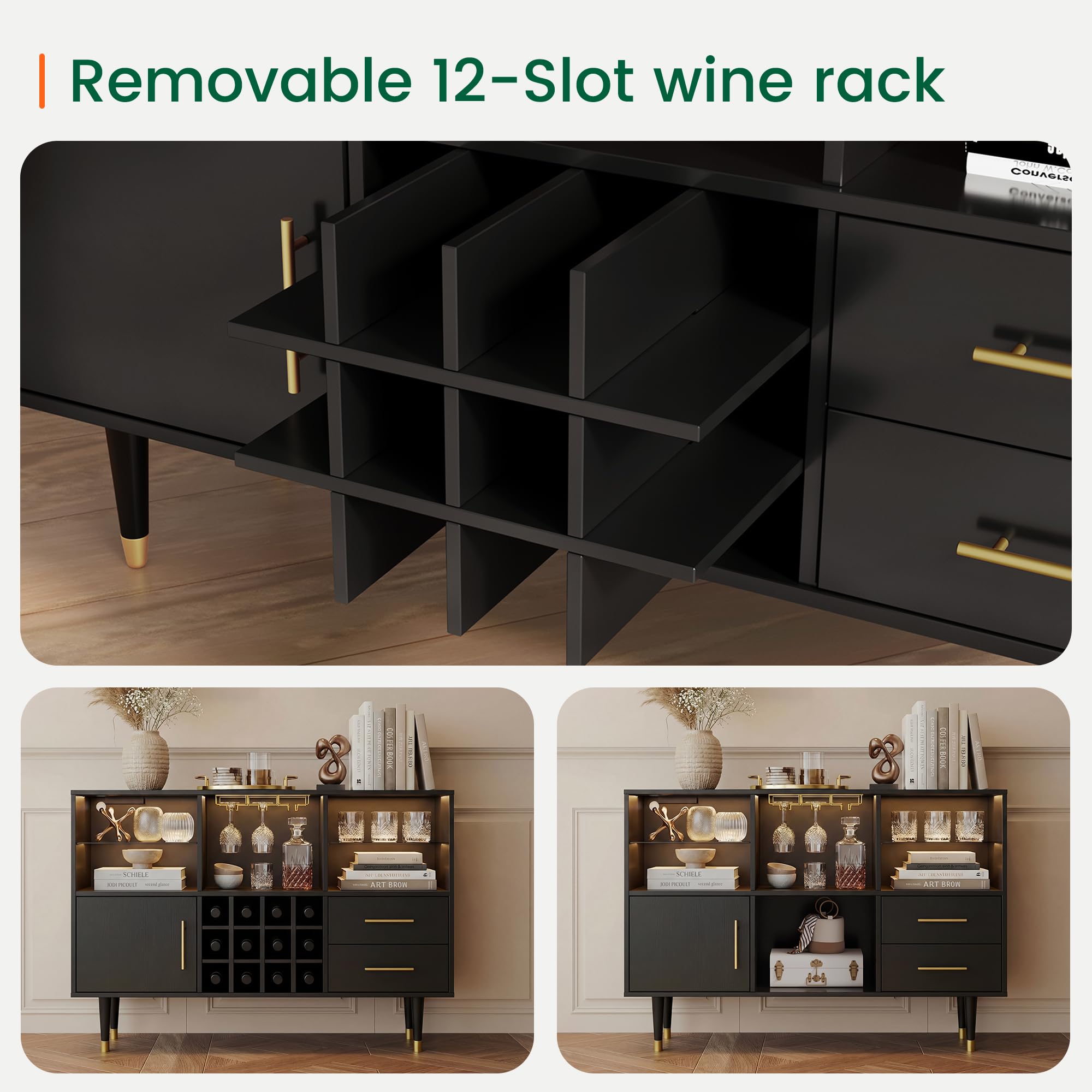 LARMACE 47.2" Modern Wine Bar Cabinet with LED Lights, Liquor Cabinet with Doors and Storage, Coffee Bar Station and Buffet Sideboard for Home Bar,Kitchen,Living Room,Black
