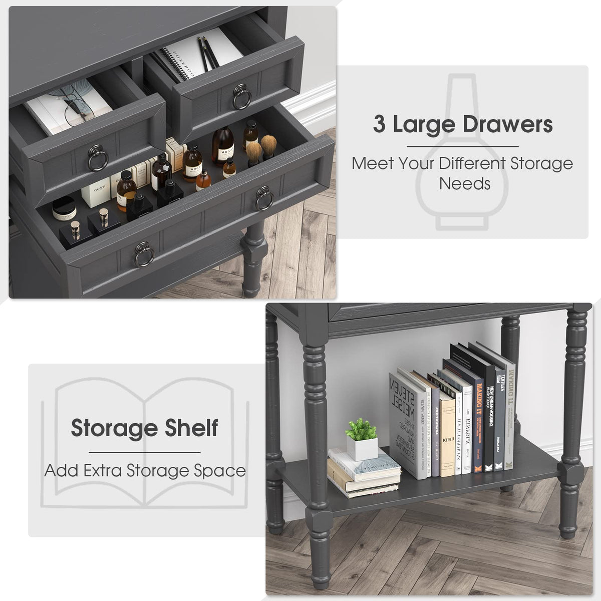 Gray Console Table with Drawers