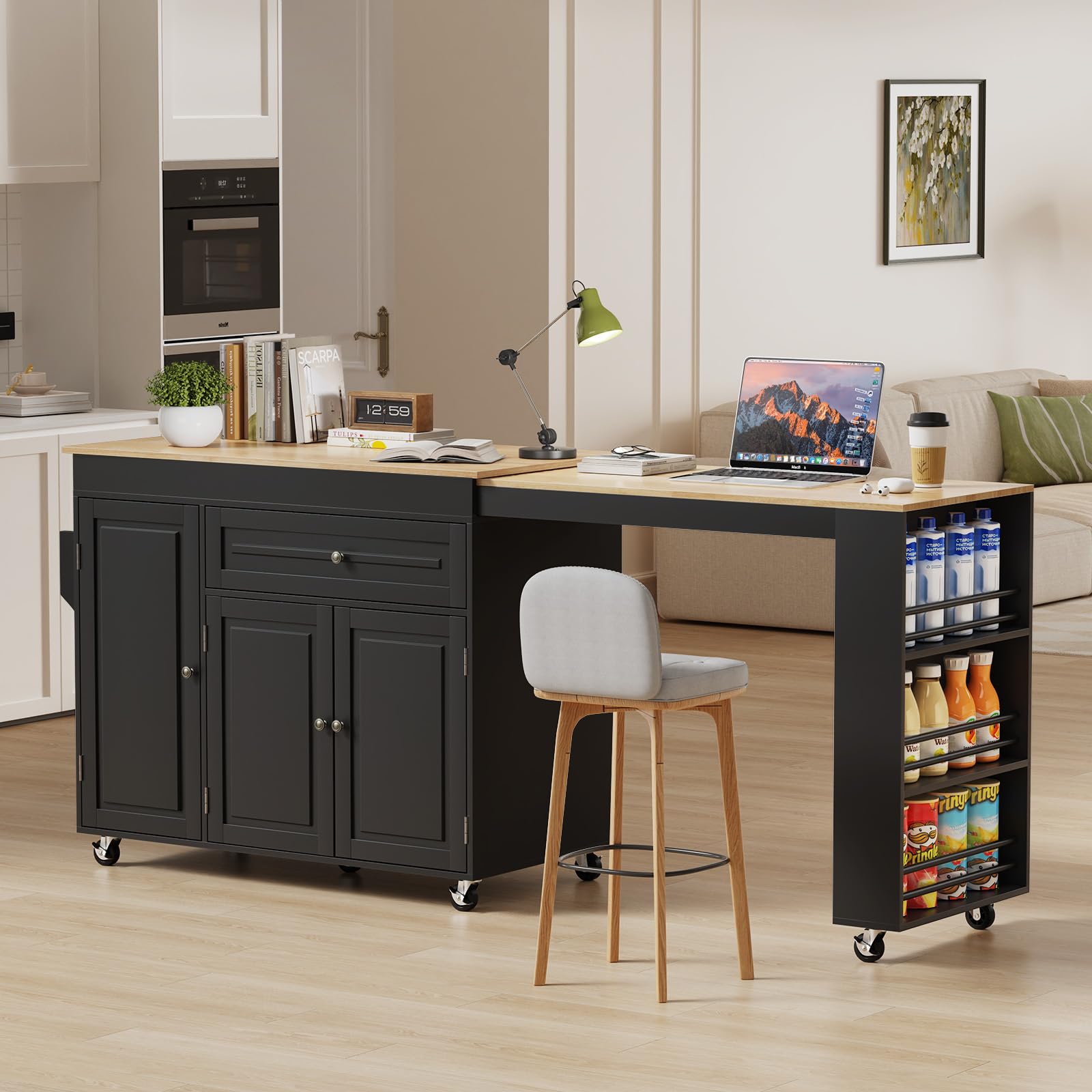 Rymeera 83" Expandable Kitchen Island on Wheels with Storage & Dining Table, Mobile Kitchen Cart with Cabinet, 3 Shelves & Drawers, Black (Extends from 48.4" to 82.6") (Black)