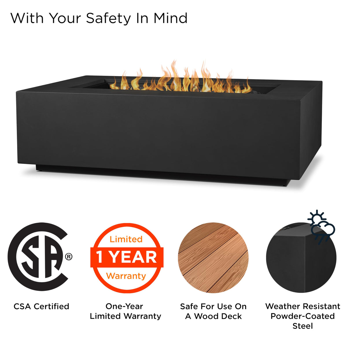 Real Flame Aegean 50in Rectangle Propane or Natural Gas Fire Pit Table, 50,000 BTU, Powder-Coated Steel, Push-Button Ignition, Lava Rock, Storage Cover, Stainless Steel Burner with Lid - Black