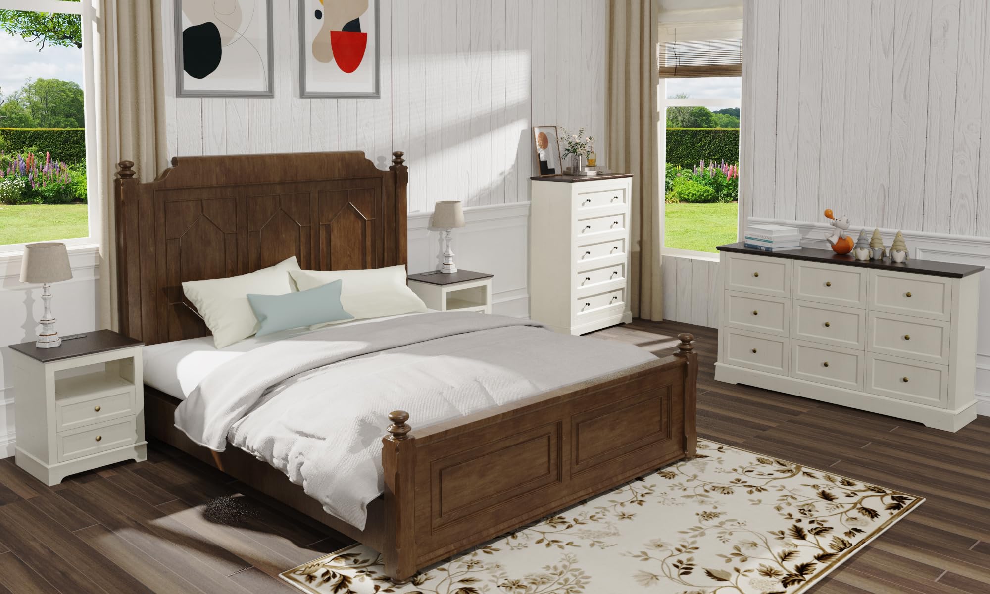 LOUVIXA Farmhouse Bedroom Sets of 4, 4Pcs Farmhouse Dresser Set，Including 9 Drawer Dresser, 5 Drawer Dressers and Nightstand Set of 2 with Charging Station (White Sets, 4 Pieces)