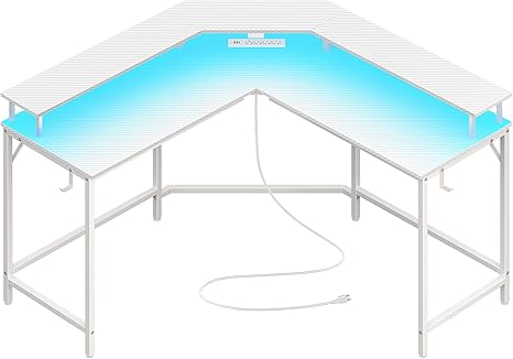 L-Shaped Gaming Desk with LED Lights & Power Outlets