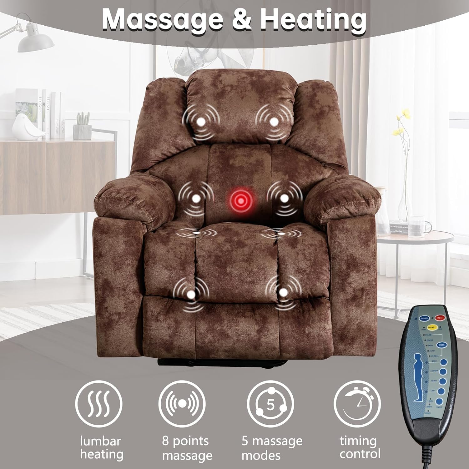 CANMOV Large Power Lift Recliner with Massage and Heat for Elderly, Heavy Duty Lift Recliner for Seniors with USB Port, 2 Hidden Cup Holders (Camel Brown)