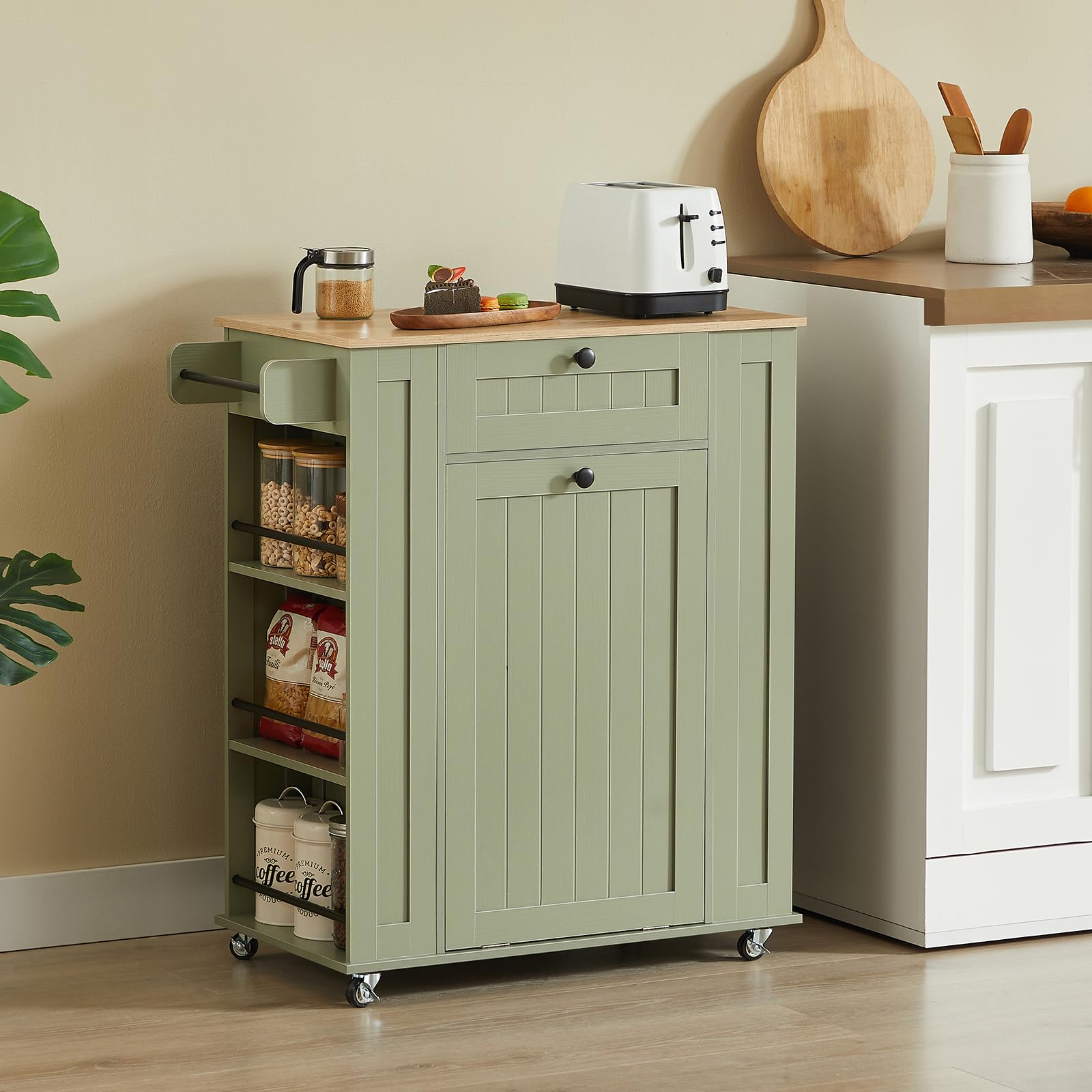 Rolling Kitchen Island with Trash Cabinet & Power Outlet