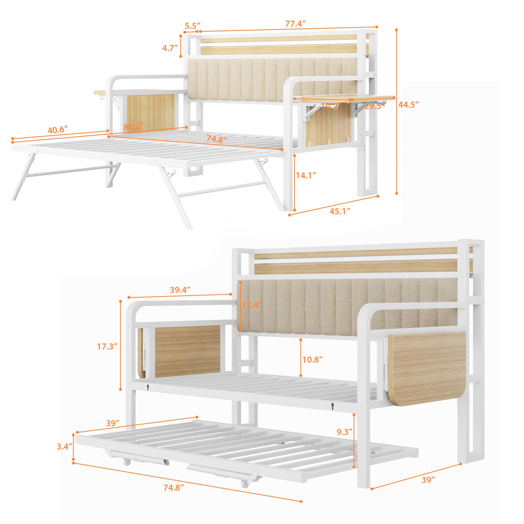 Daybed with Trundle and LED Light, Heavy Duty Metal Twin Bed Frame with Upholstered Storage Headboard & Charging Station, Day Bed Pop Up Trundle Bed Twin for Living Room,Bedroom and Guest Room, White