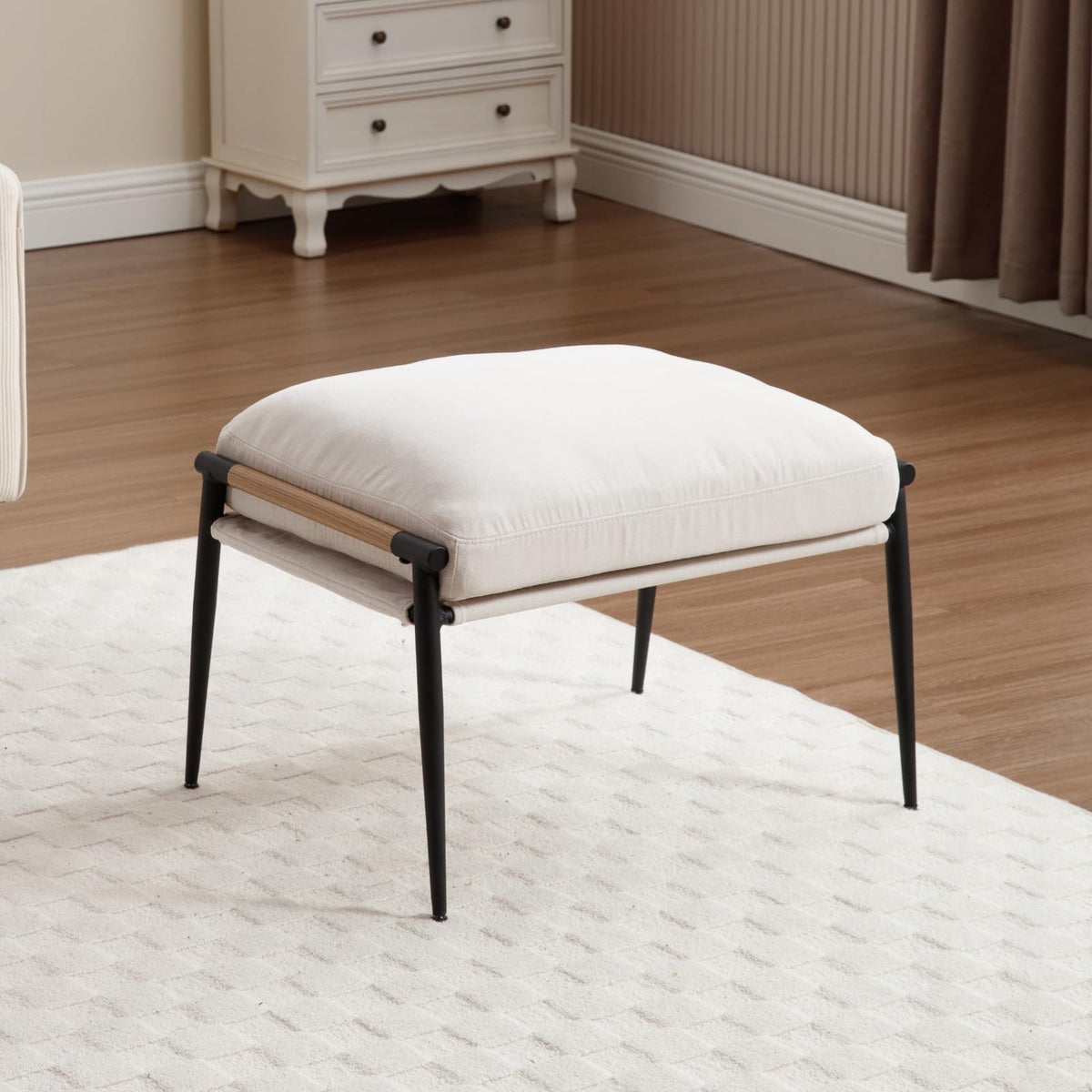 Ya-Home Mid-Century Ottoman, Soft Chenille Fabric Entryway Bench Ottoman Foot Rest with Metal Legs Single Seat for Living Room Reading Room, Beige