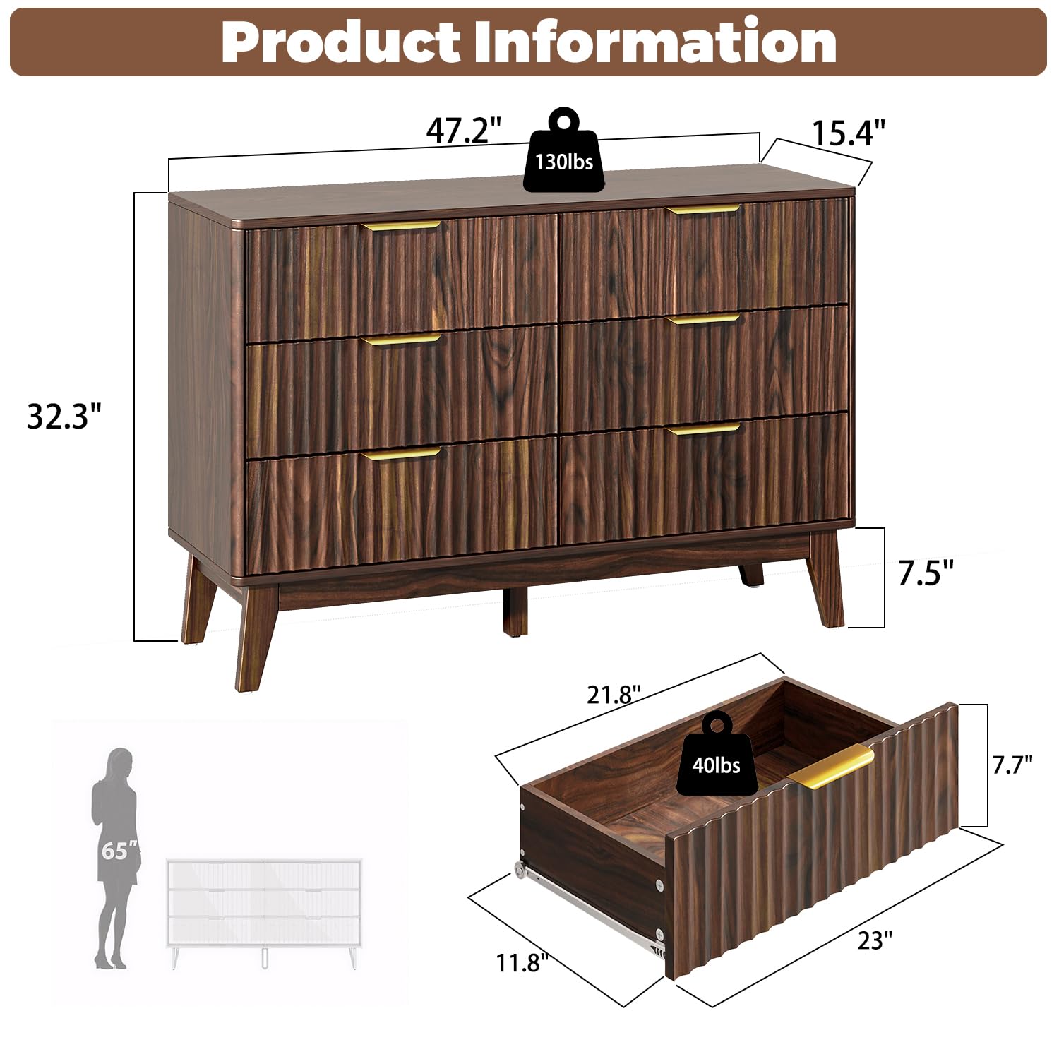 Modern 6 Drawer Dresser, Walnut, Fluted Wave Design, Rounded Corners, Mid Century Dresser TV Stand, 48" Wide Chest of Drawers for Bedroom and Living Room