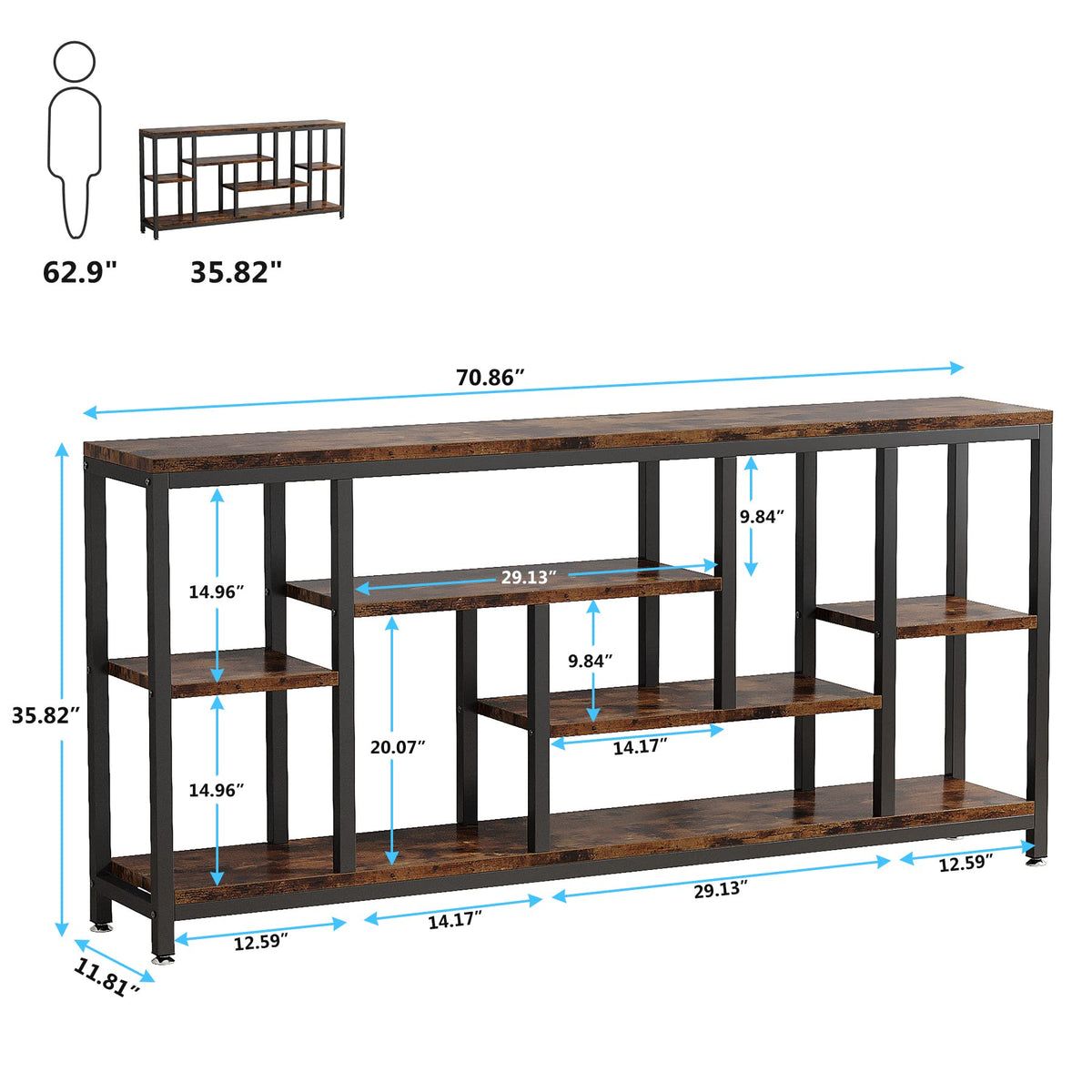 Tribesigns Console Sofa Table, 70.9 inch Extra Long Table Behind Couch with Storage Shelves, 3-Tier Industrial Narrow Entryway Hallway Accent Table for Living Room, Rustic Brown