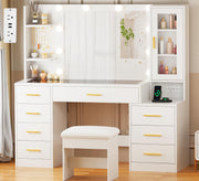 Large Lighted Vanity Desk with Mirror, Glass Top & Storage