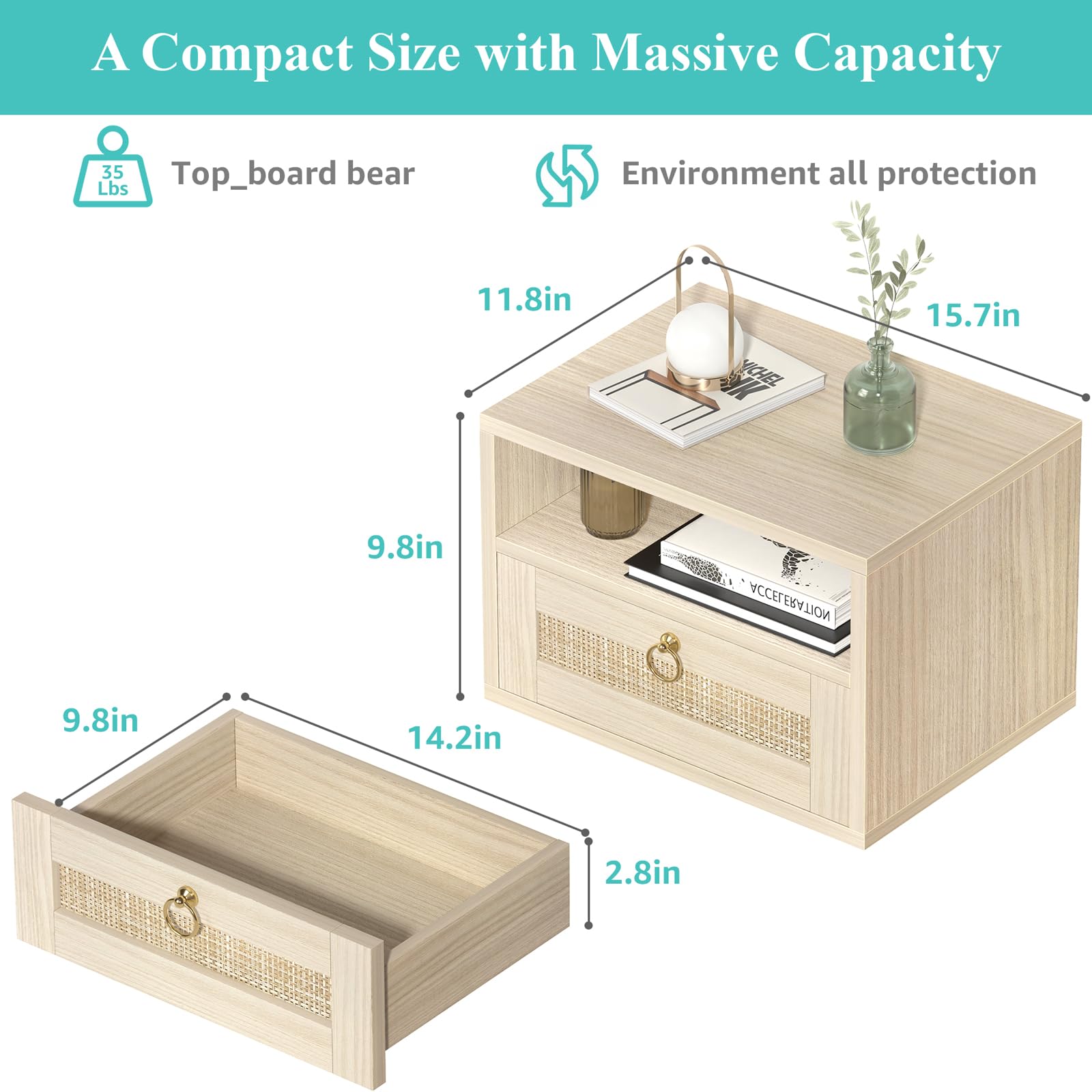 IGERI Floating Nightstand Set of 2 with Drawer for Wall Mounted Hanging Rattan Night Stand Bed Side Tables Wooden End Table Small Boho Dressers for Bedroom Farmhouse Shelves with Drawers