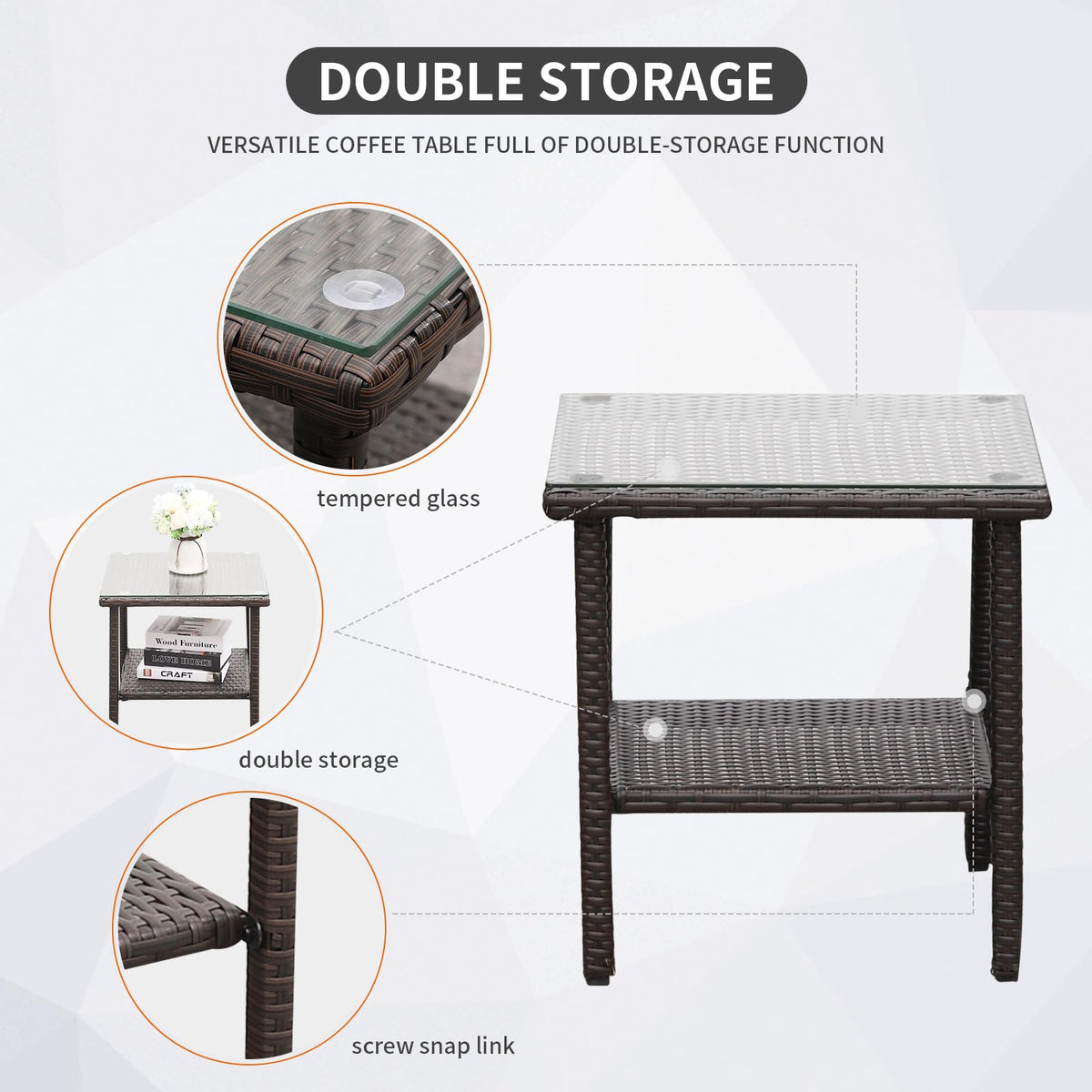 Outdoor HDPE Wicker Rocking Chair 3-Piece Patio Rattan Bistro Set 2 Rocker Armchair and Glass Coffee Side Table Furniture Washable Lacing Cushions, Khaki