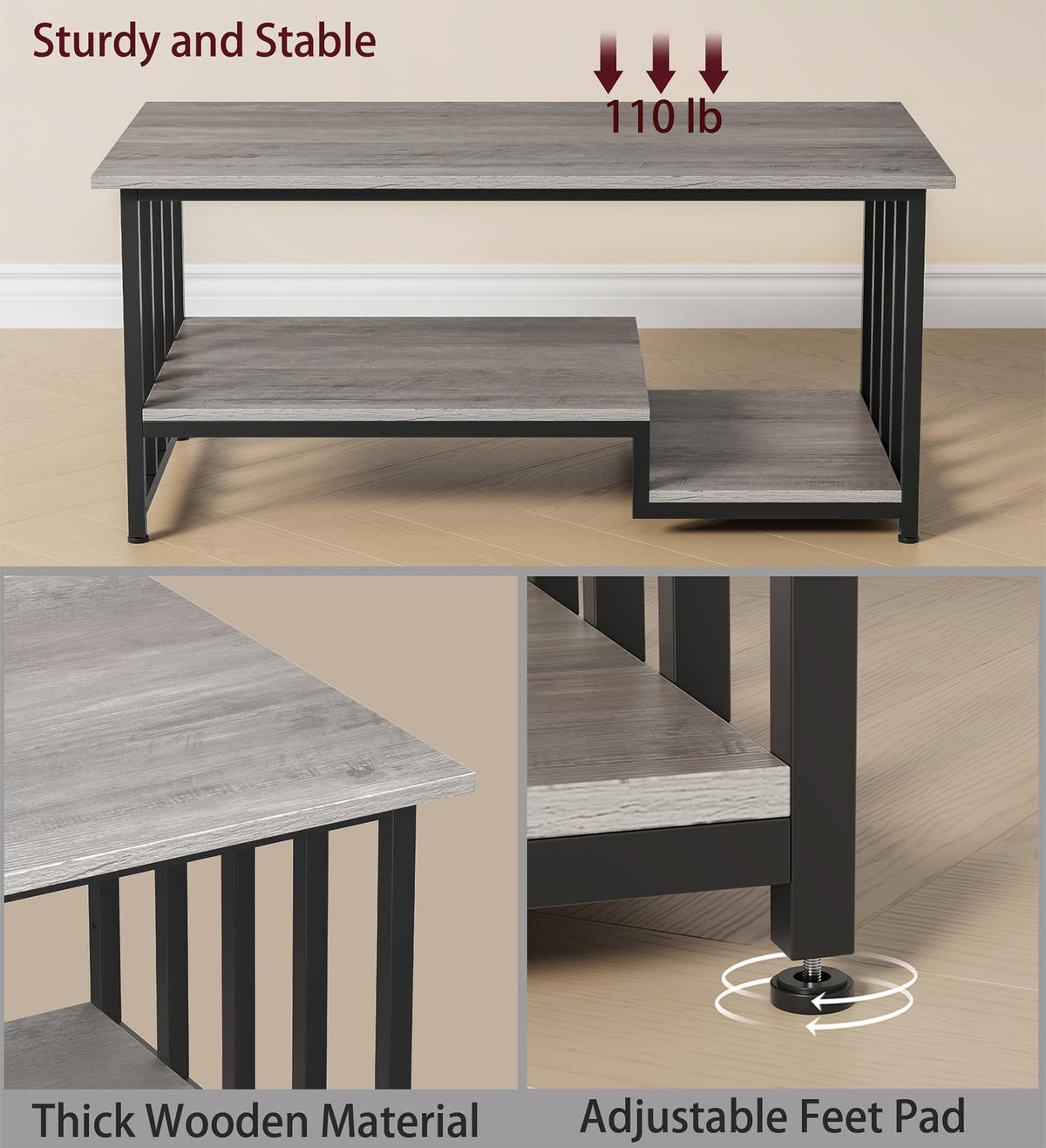 Masigle Coffee Table, 2-Tier Modern Coffee Table with Storage, 39.4" Rustic Wooden Rectangle Center Table, Easy to Assemble, for Living Room, Wash Gray