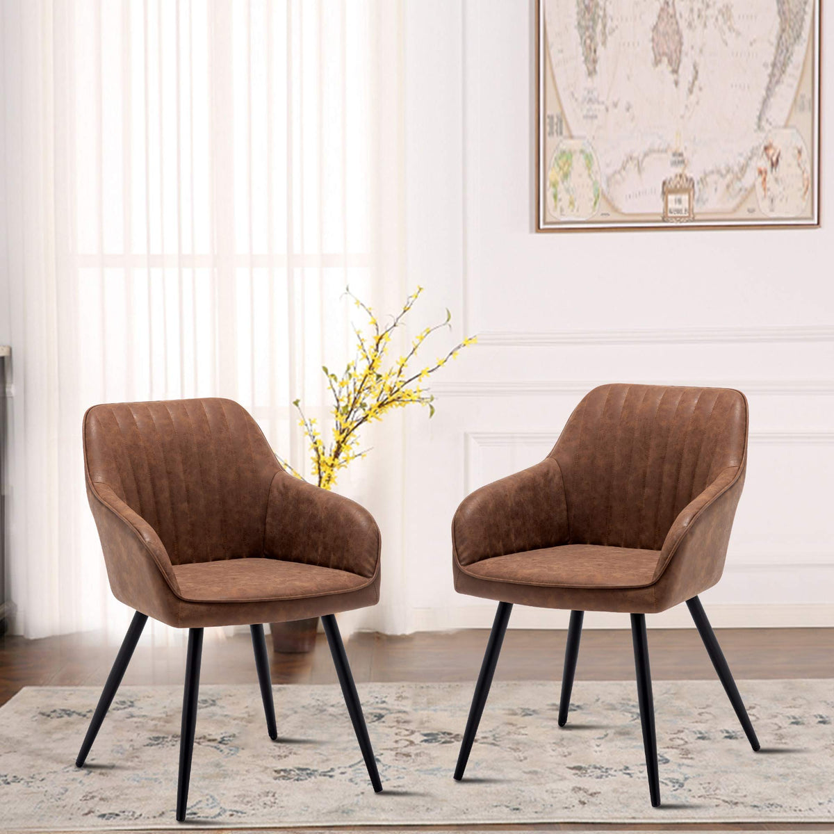 Faux Leather Accent Chair Set of 2 Upholstered Living Room Chairs Brown