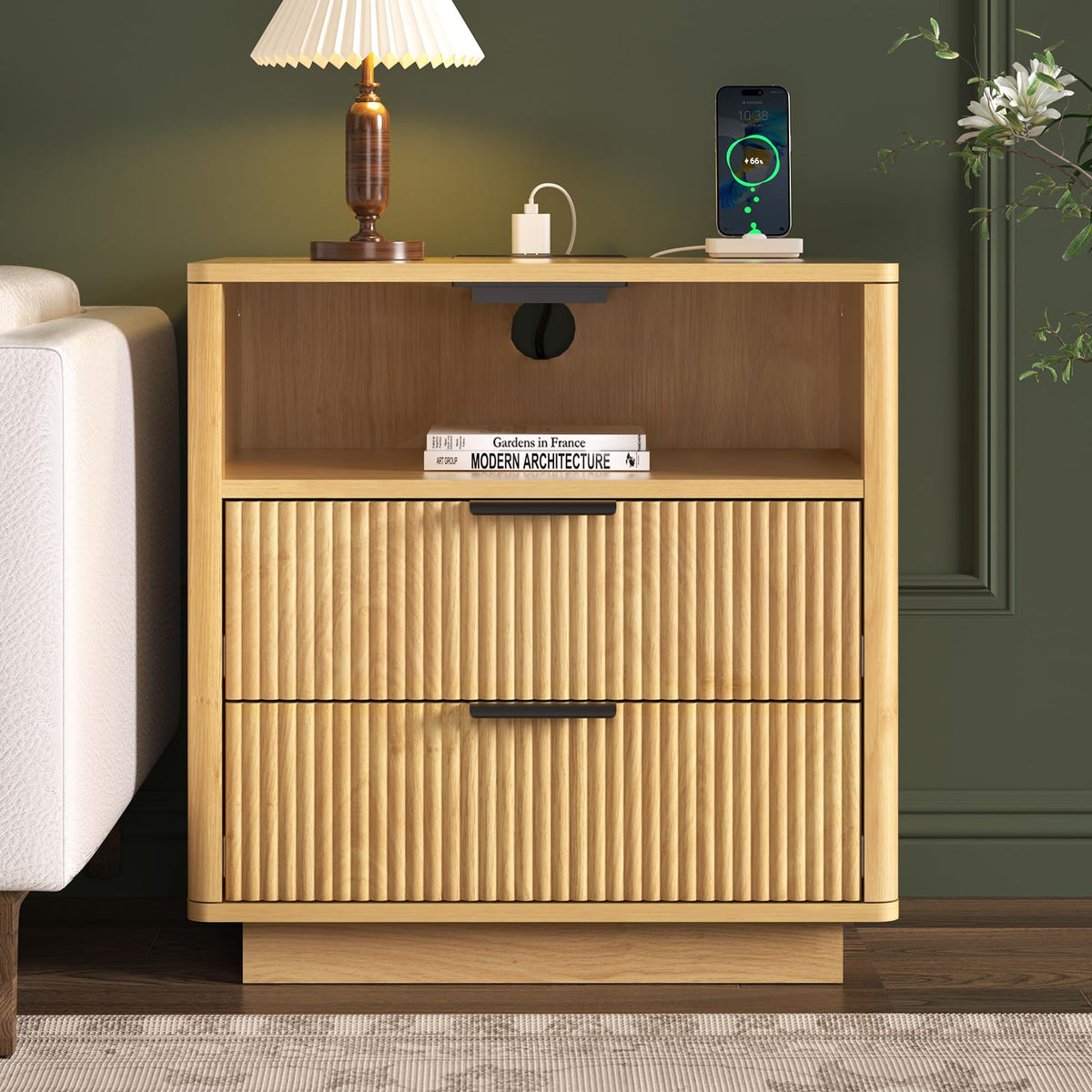 HOMMPA 24'' Fluted Nightstand Set of 2 with Charging Station, Modern Night Stand with 2 USB Ports & 2 AC Outlets, Wood Bedside Table with Open Compartment, 2 Drawer Side Table for Bedroom