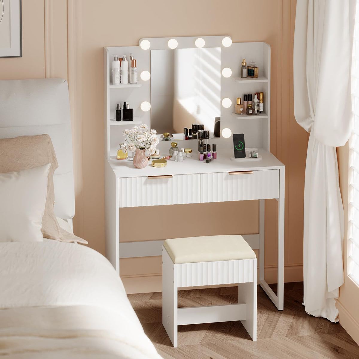 VINGLI Fluted Makeup Vanity Desk with Mirror and Lights and Stools, Small Vanity Table with Bench Chair & 2 Drawers & 4 Storage Shelves, White Dressing Table Set for Girls Bedroom