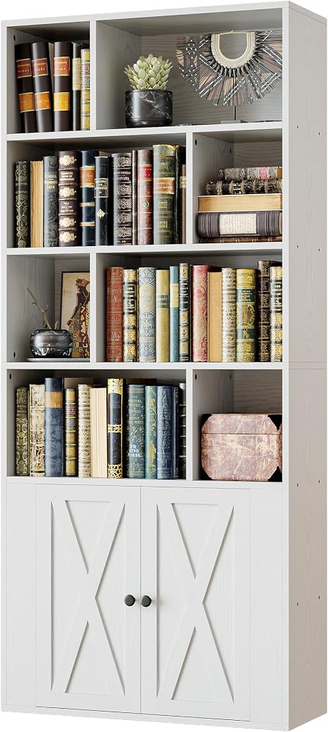 IRONCK Book Shelf, Tall Bookshelf with Storage, Bookshelves and Bookcases with Doors, 4-Tier Bookcase with 8 Open Cubes for Living Room, Office, Study, Black