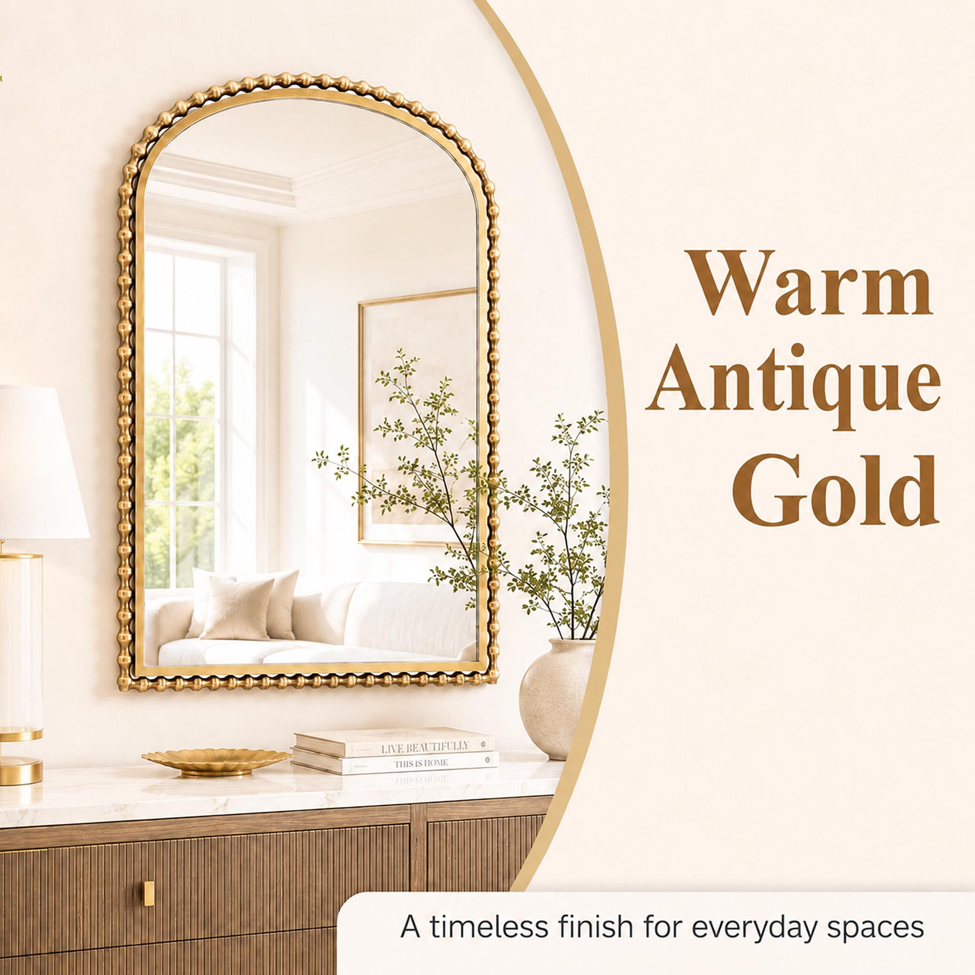 CAVINHOME 30x40 Inch Arched Wall Mirror, Antique Gold Beaded Metal Frame, Large Vertical Wall Mirror for Entryway, Bedroom or Hallway, Decorative Wall Mounted Mirror