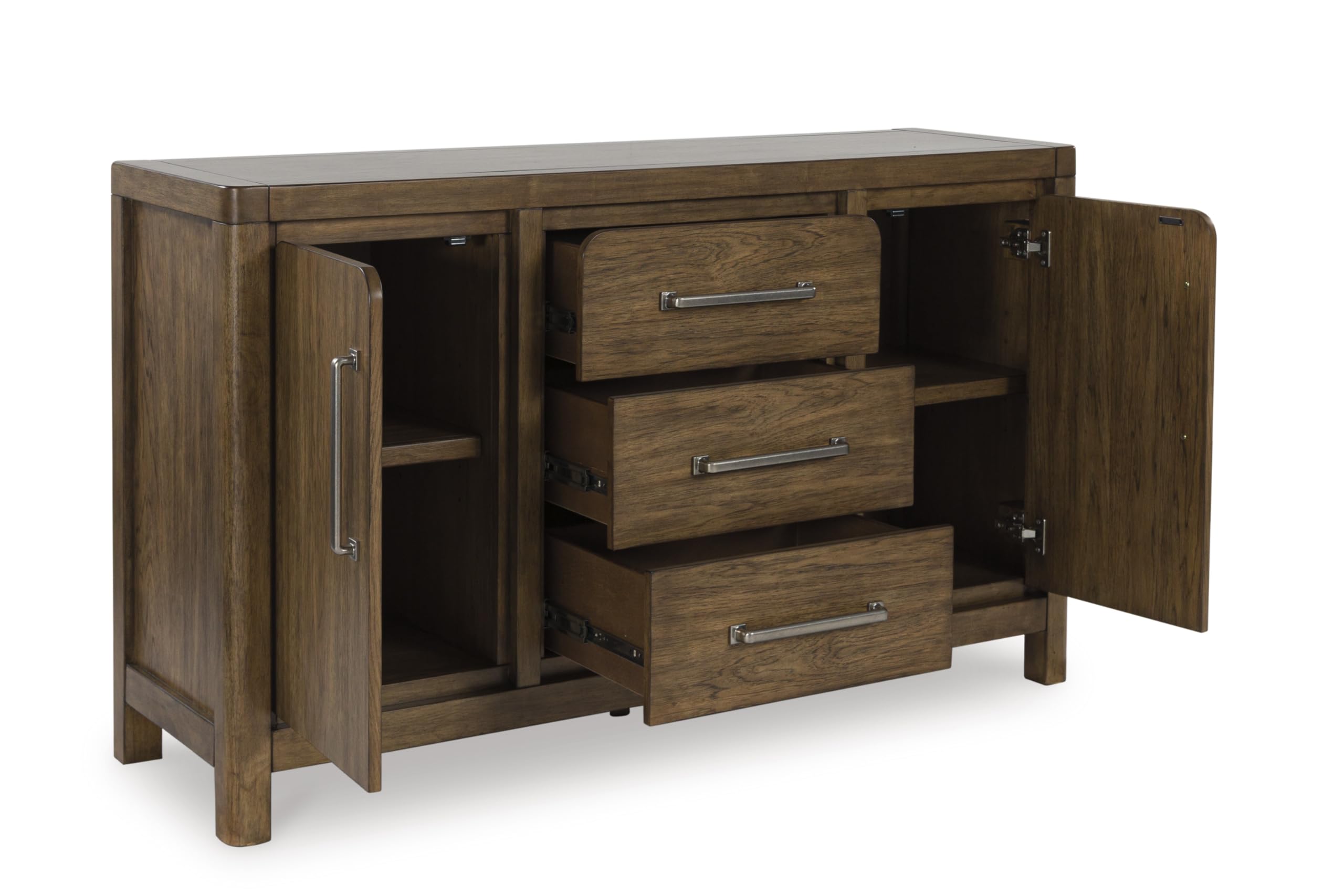 Signature Design by Ashley Cabalynn Farmhouse Glazed 2-Door Dining Server with Adjustable Shelves and 3 Drawers, Light Brown