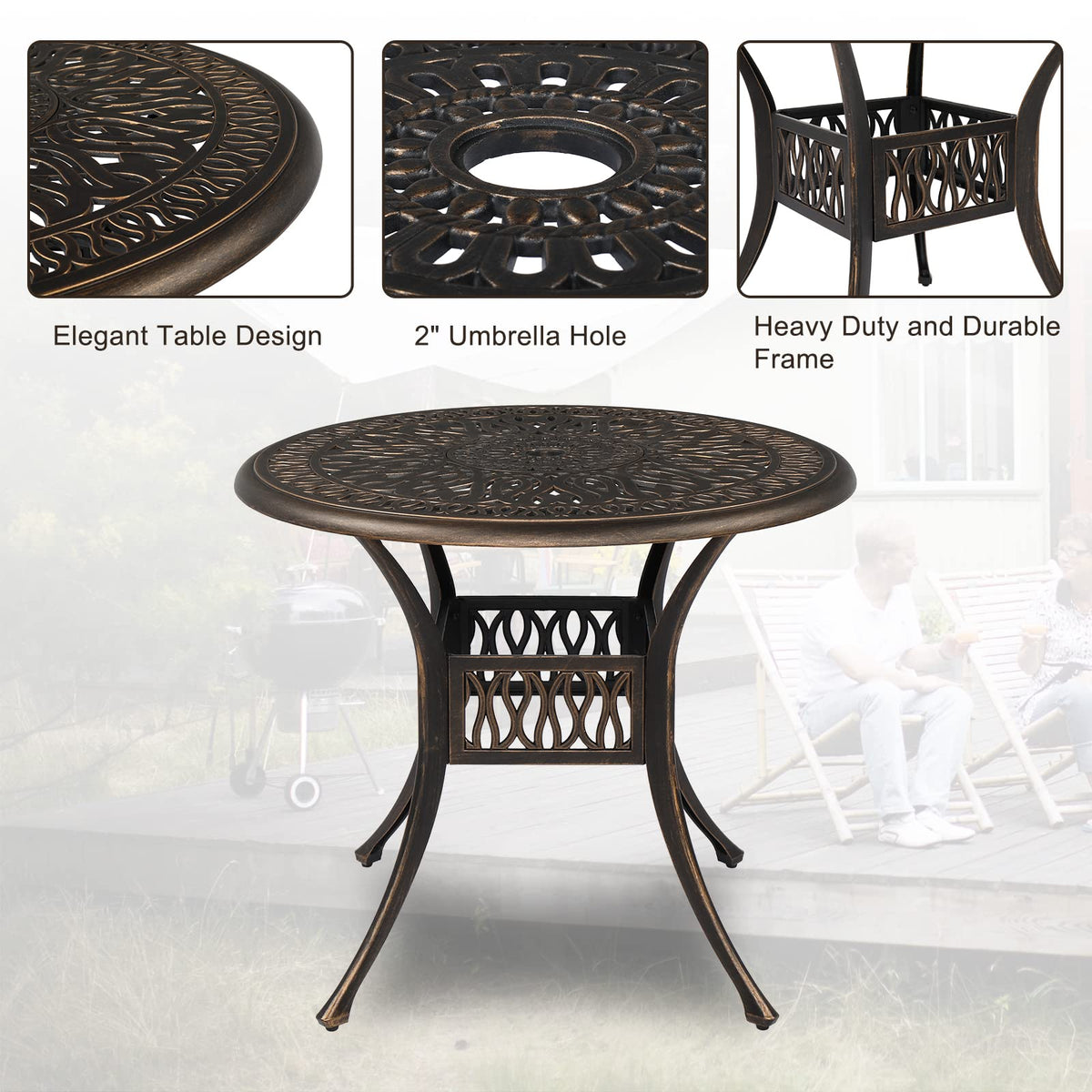 VINGLI 5-Piece Outdoor Patio Dining Set, Cast Aluminum All-Weather Outdoor Table and Chairs w/Cushion, Outdoor Furniture Set w/Umbrella Hole for Backyard Deck Poolside (Round, Elizabeth Back)