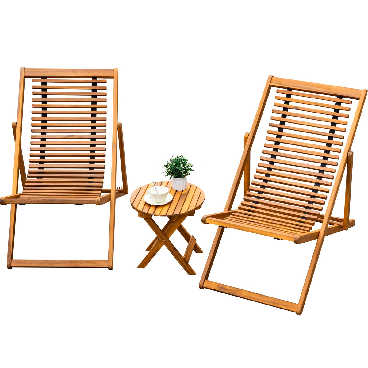 Greesum 3 Piece Patio Folding Recliner Bistro Set Acacia Wood Chairs Outdoor Chaise Lounge for Backyard Garden Pool Deck, Natural