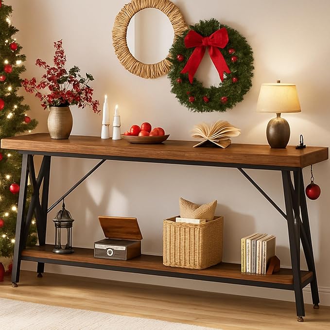 Extra Long Console Table with Charging Station & Storage Shelf