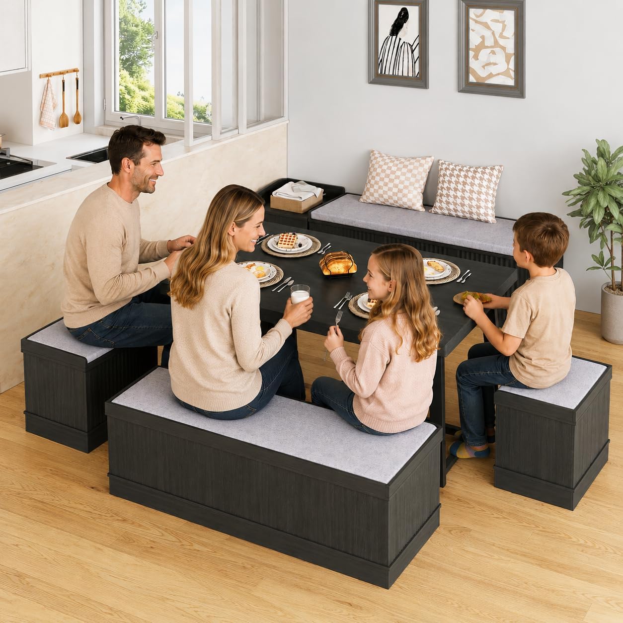 XIAO WEI Corner Dining Table Set, 6-Piece Breakfast Nook Dining Set with Storage Bench and Stools, 47" Banquette Seating for Small Space, Apartment Kitchen & Dining Room, Brown Wood