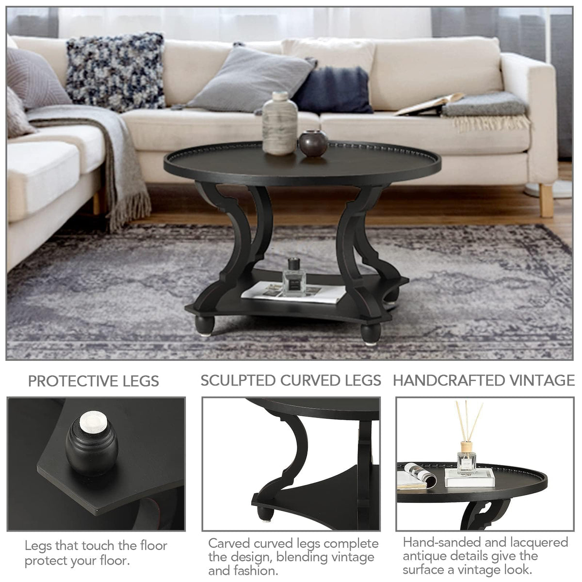 Wnutrees Farmhouse Round Coffee Table, Wood Tray Top with Storage Shelf