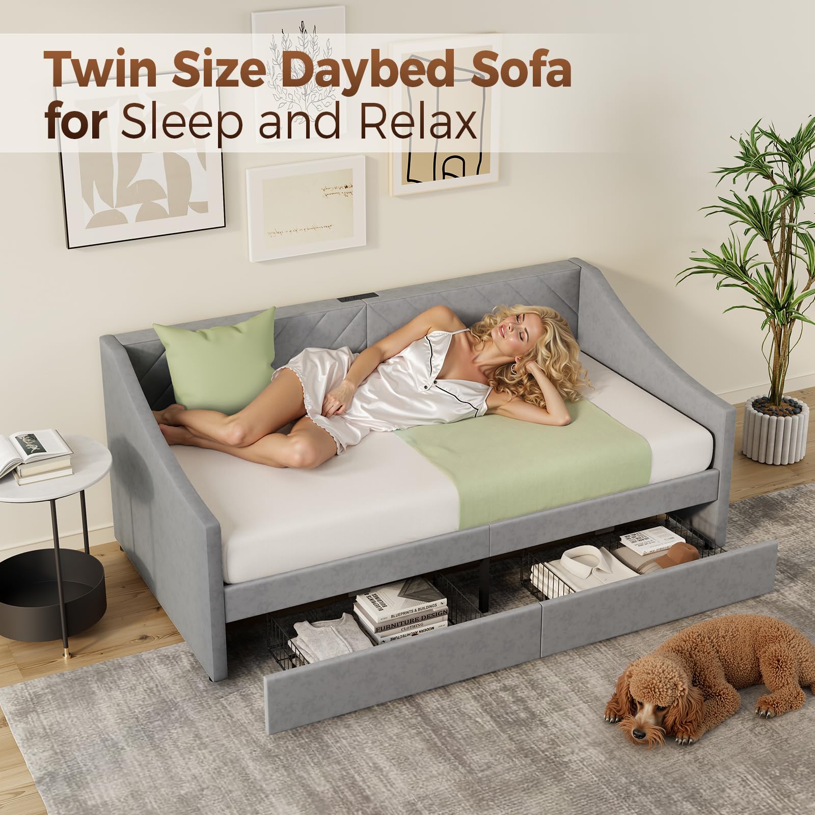 Twin Size Daybed with Storage Drawers & Charging Station