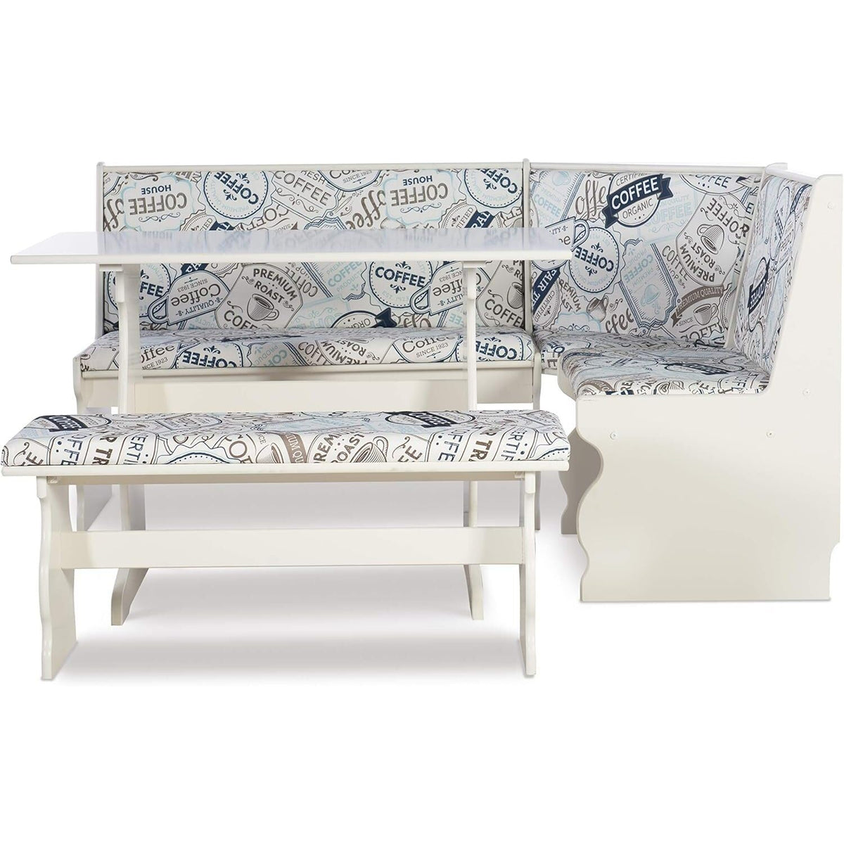 HomeStock Antique Coffee Nook 66.25x50.25x34.5 in - Modern Traditional White Finish Corner Kitchen Nook Table Set with Upholstered Fabric Seats, 48 lbs, Booth Dining Table Set