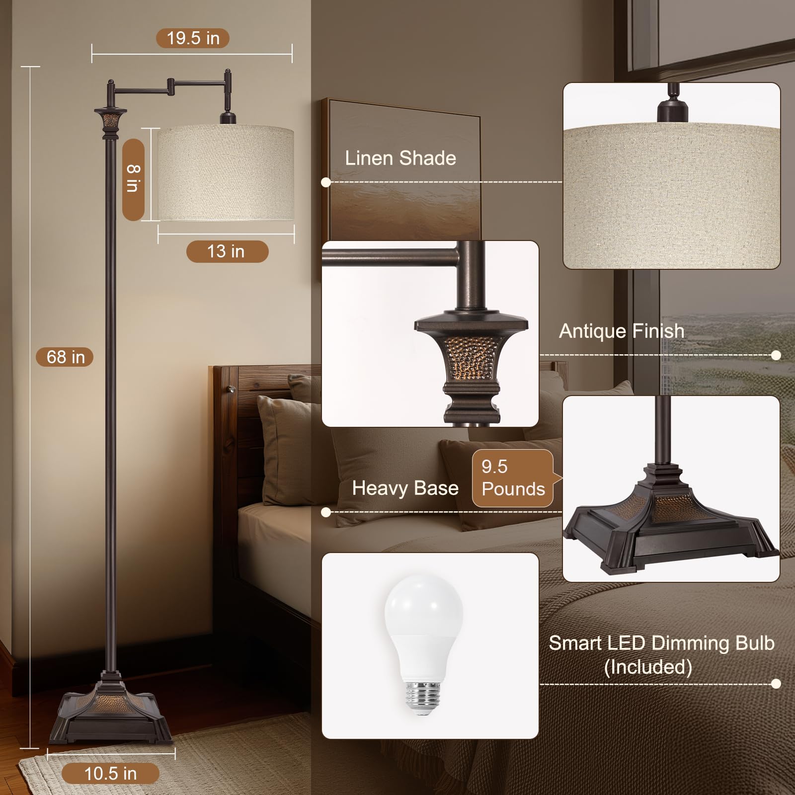 Vintage Dimmable Floor Lamp with Swing Arm