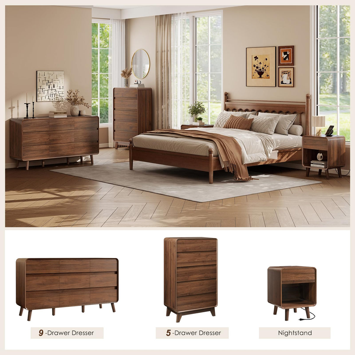 Walnut 5-Drawer Dresser